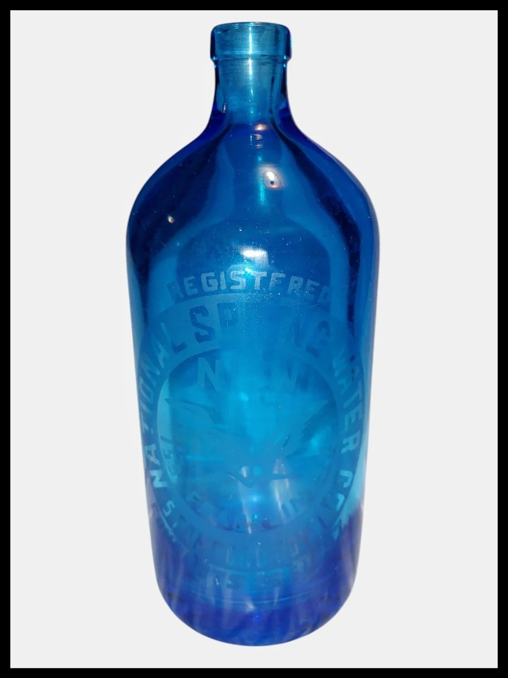 Vintage National Spring Water Co Stamford CT Blue Seltzer Bottle Austria